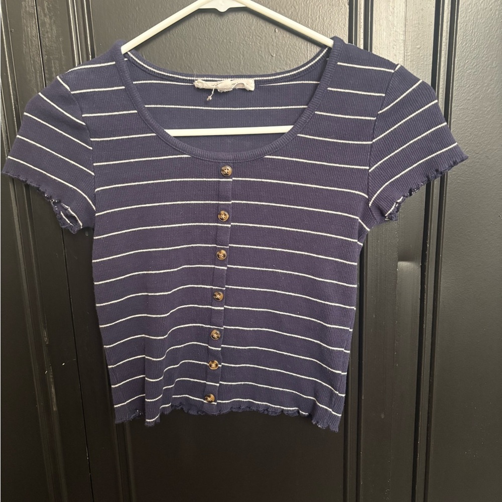 Striped Navy Blue Button-Up Women's Top